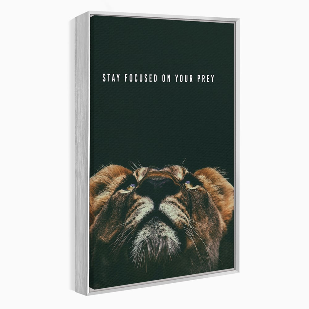 Tablou canvas cu tablou canvas cu leu si mesaj motivational, in rama de aluminiu argintiu